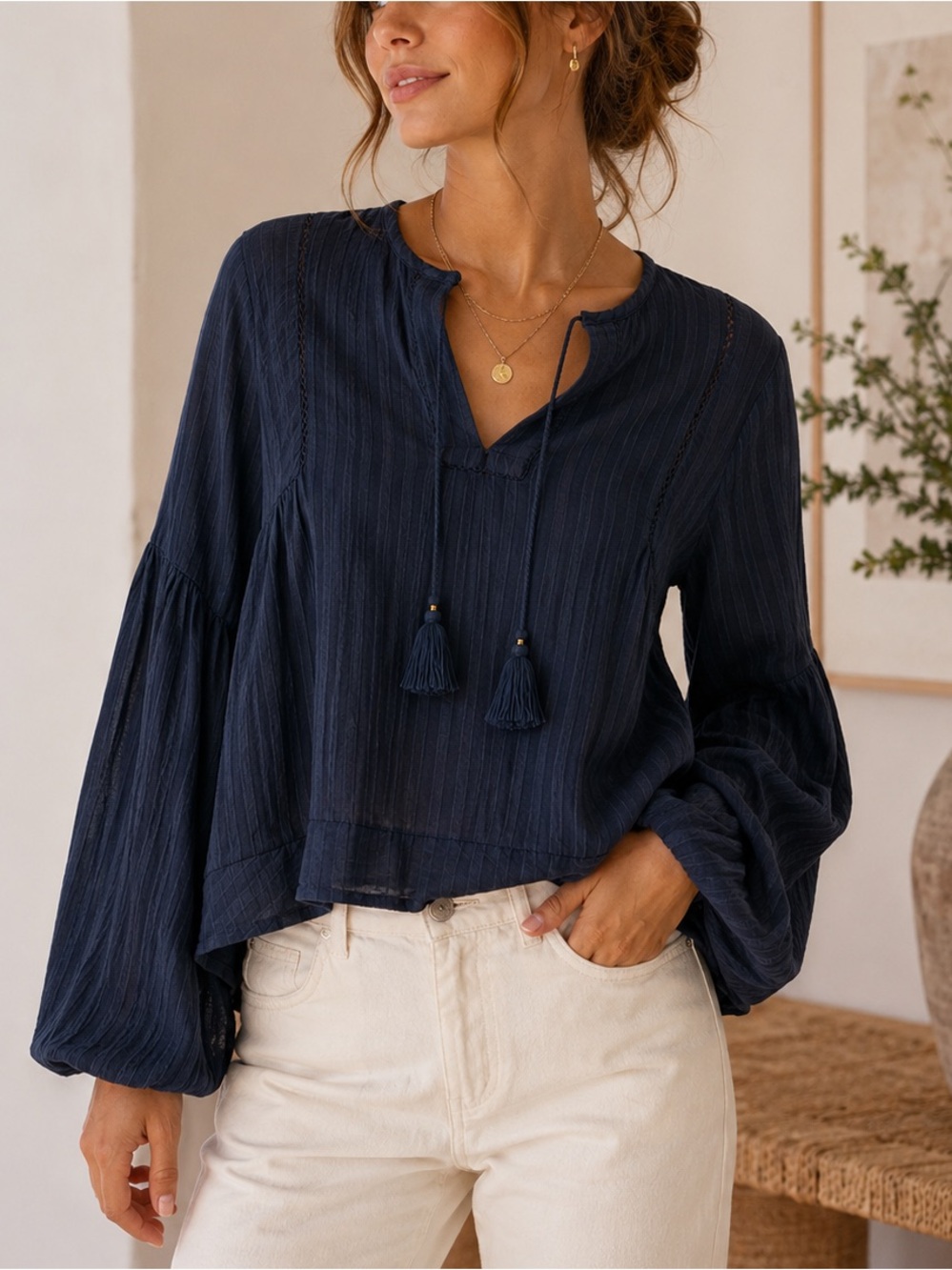 Ulla Johnson Black Blue Striped Cotton Gauze Tassel Tie Tunic Blouse Size 8
